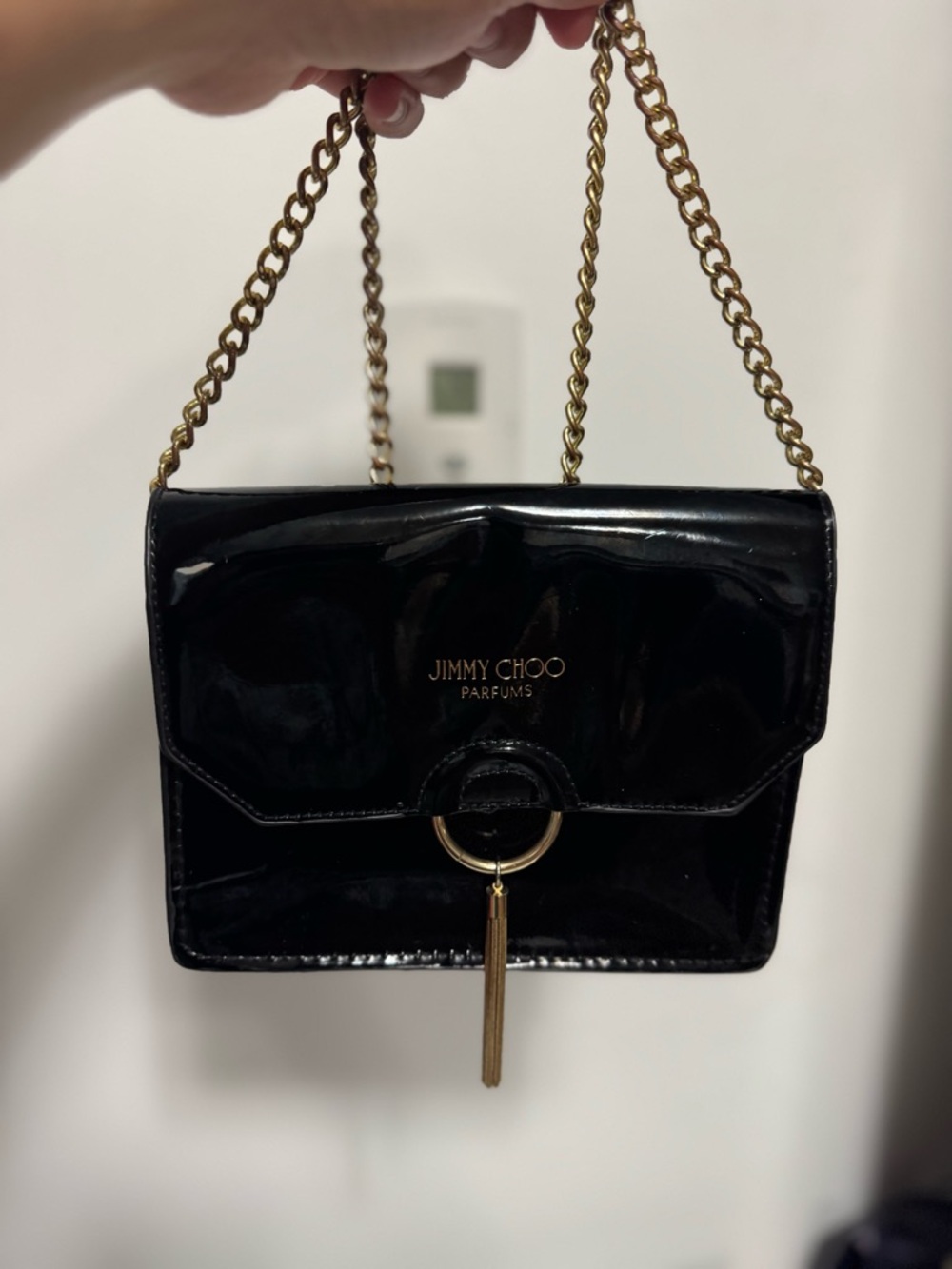 Jimmy Choo Black Patent Leather Shoulder Bag with Gold Chain